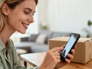 Mężczyzna przy biurku loguje się do bankowości elektronicznej na laptopie, korzystając z autoryzacji w smartfonie.