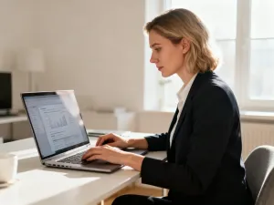 Mężczyzna bezpiecznie loguje się do bankowości internetowej na laptopie, korzystając z uwierzytelniania na smartfonie.