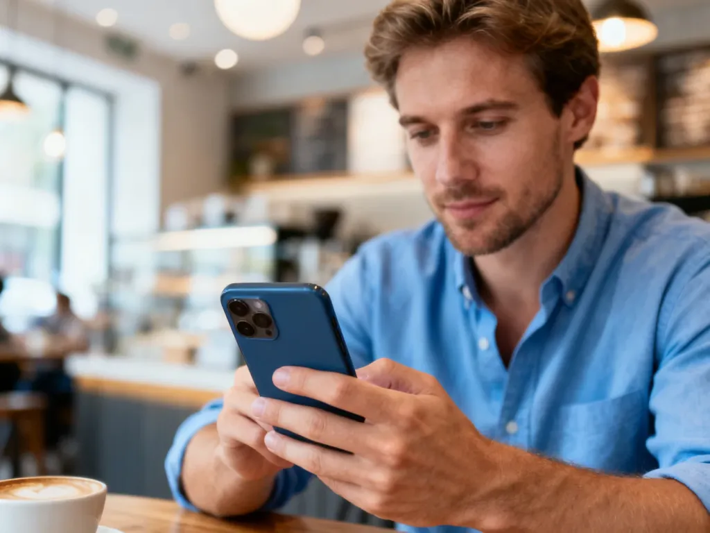 Mężczyzna w kawiarni korzystający ze smartfona, co ilustruje proces logowania do publicznej sieci Wi-Fi.