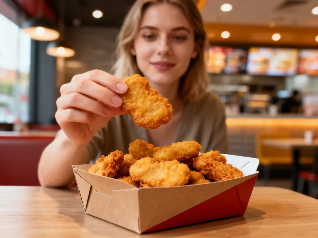 Złocisty, chrupiący nugget trzymany w dłoni na tle pudełka z zestawem w restauracji McDonald's.