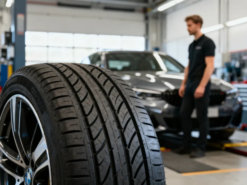 Zbliżenie na bieżnik opony samochodowej w profesjonalnym warsztacie z mechanikiem w tle.