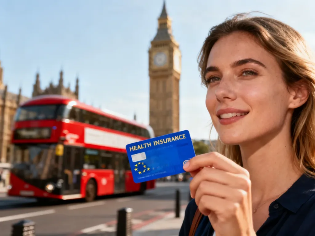 Kobieta trzyma kartę EKUZ na tle londyńskiego Big Bena i czerwonego autobusu, ilustrując zasady opieki zdrowotnej w UK.