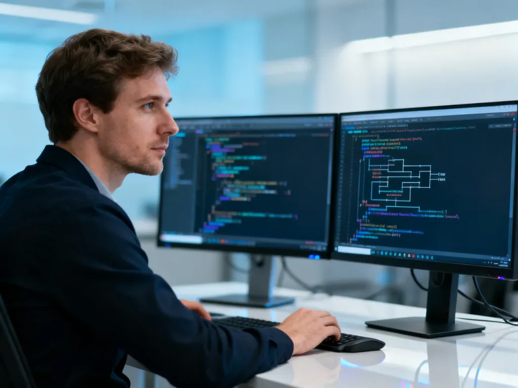 Programista pracujący przy komputerze z dwoma monitorami, na których wyświetlany jest kod źródłowy.