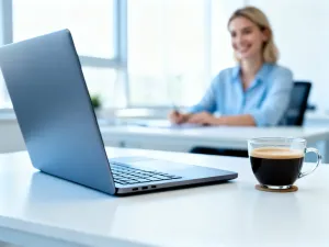 Profesjonalista analizujący dane na ekranie komputera w nowoczesnym biurze, ilustrujący proces przeprowadzania benchmarku.