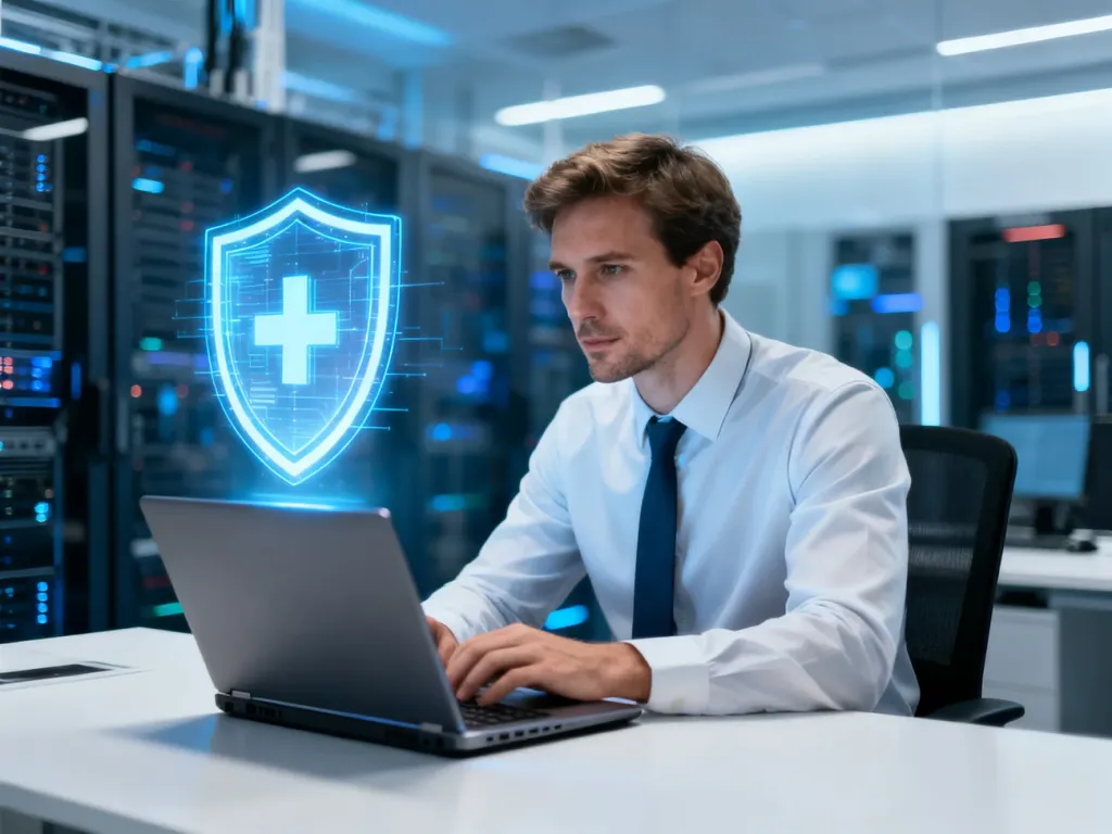 Ekspert ds. cyberbezpieczeństwa analizuje cyfrową tarczę ochronną na ekranie laptopa w nowoczesnym biurze.