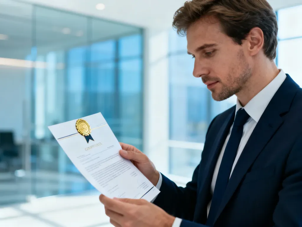 Pracownik biurowy analizuje dokument z pieczęcią jakości, co symbolizuje profesjonalizm i certyfikację ISO 9001.