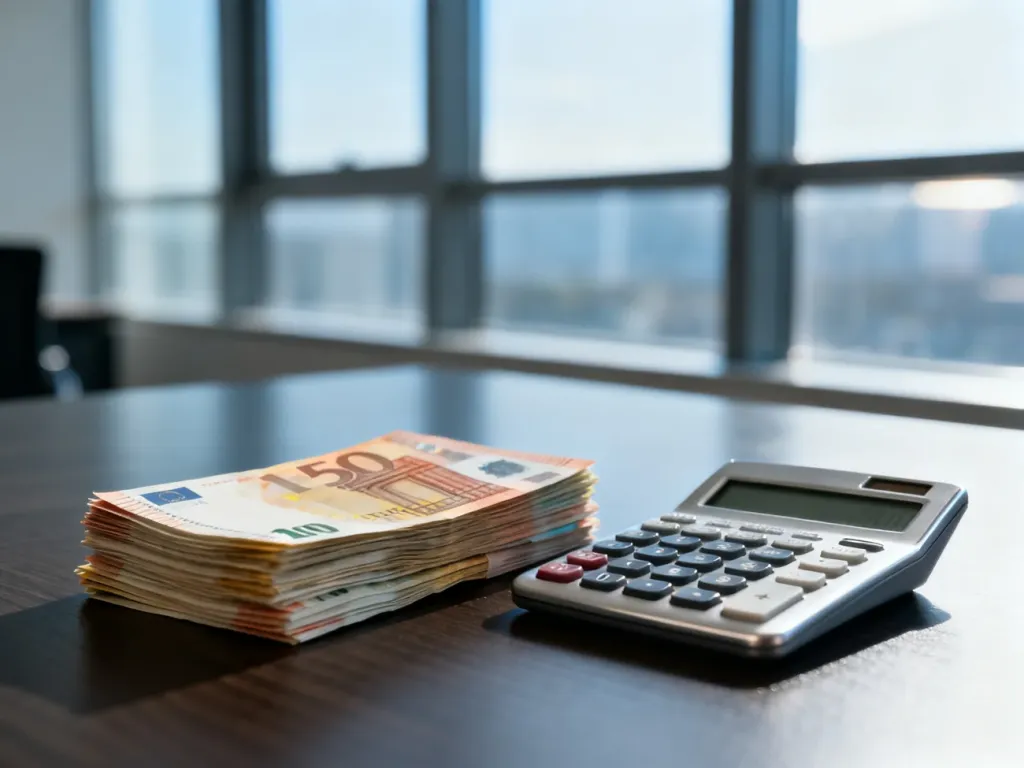 Stos euro i kalkulator na drewnianym biurku, symbolizujące zarządzanie finansami i zobowiązaniami krótkoterminowymi.