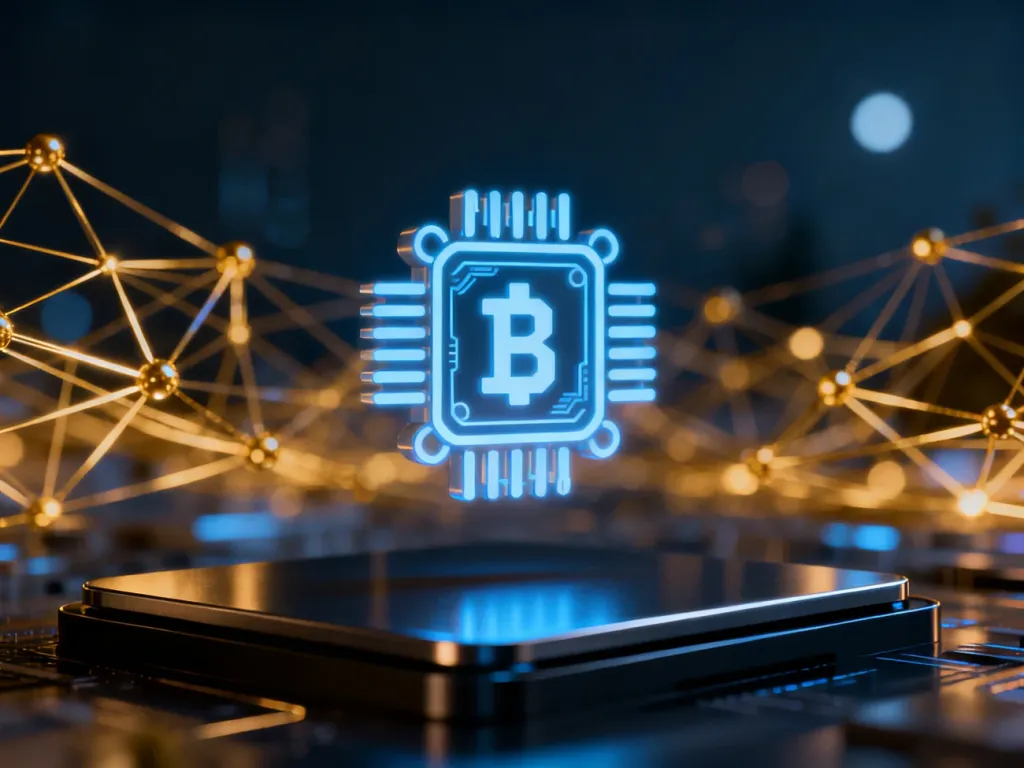 Cyfrowa ikona portfela kryptowalutowego unosząca się nad metaliczną powierzchnią na tle sieci blockchain.