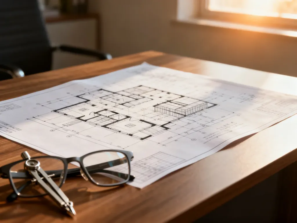 Profesjonalny projekt architektoniczny z planami budynków na drewnianym biurku, symbolizujący proces planowania inwestycji.