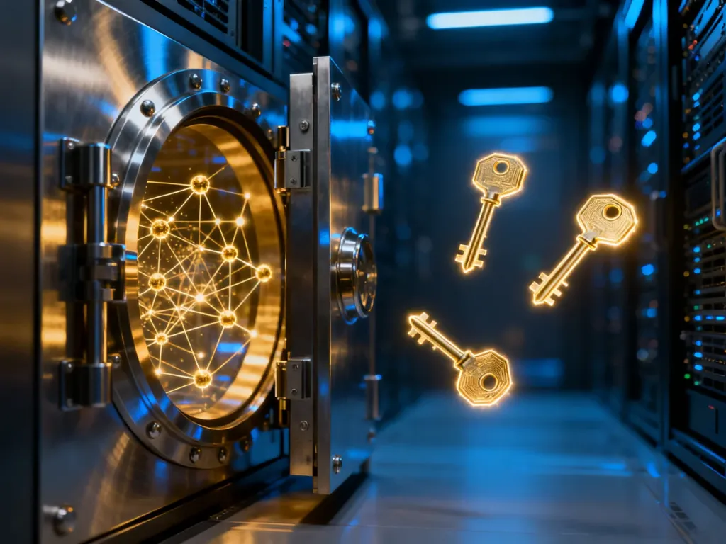 Nowoczesny sejf cyfrowy z trzema kluczami, symbolizujący wielopodpisowe zabezpieczenia w technologii blockchain.