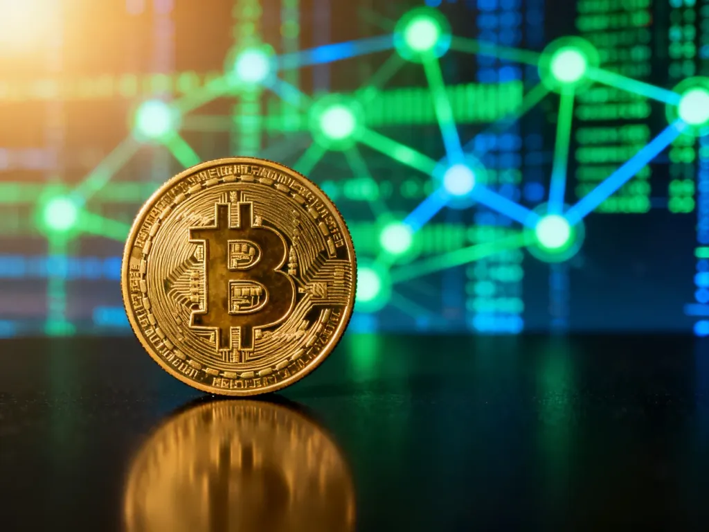 Złota moneta Bitcoin na ciemnym, odblaskowym tle z cyfrową wizualizacją sieci blockchain w tle.