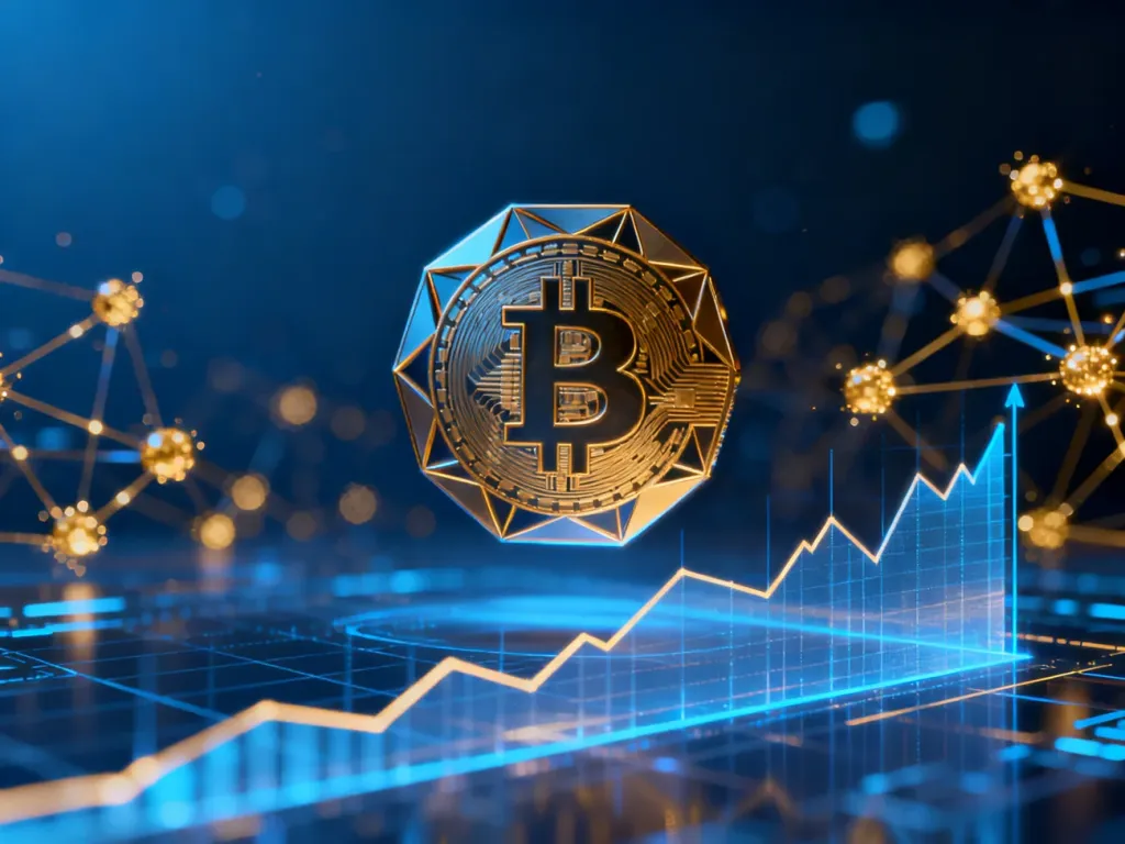 Abstrakcyjna wizualizacja ekosystemu kryptowalut z hologramem wykresu i cyfrowymi połączeniami sieci blockchain.